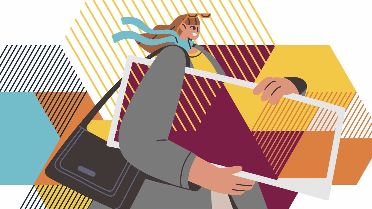 Colorful stylized illustration of a woman in a suit carrying a bag and a large poster-size object