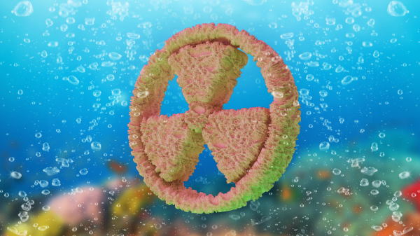 Illustration of a sponge in the shape of a radiation symbol underwater.