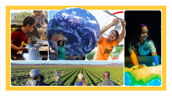 Photo collage shows students from elementary school through college engaged in hands-on learning