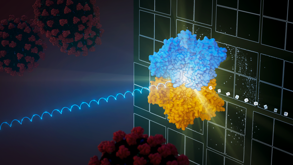 Image of tiny crystal streamed into the path of the XFEL beam